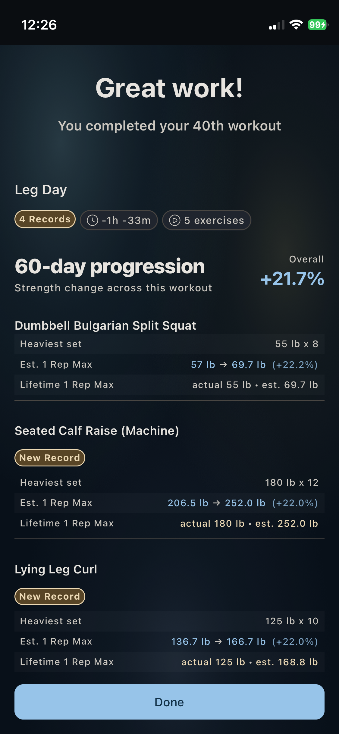Xera workout completion summary showing new records and strength progression