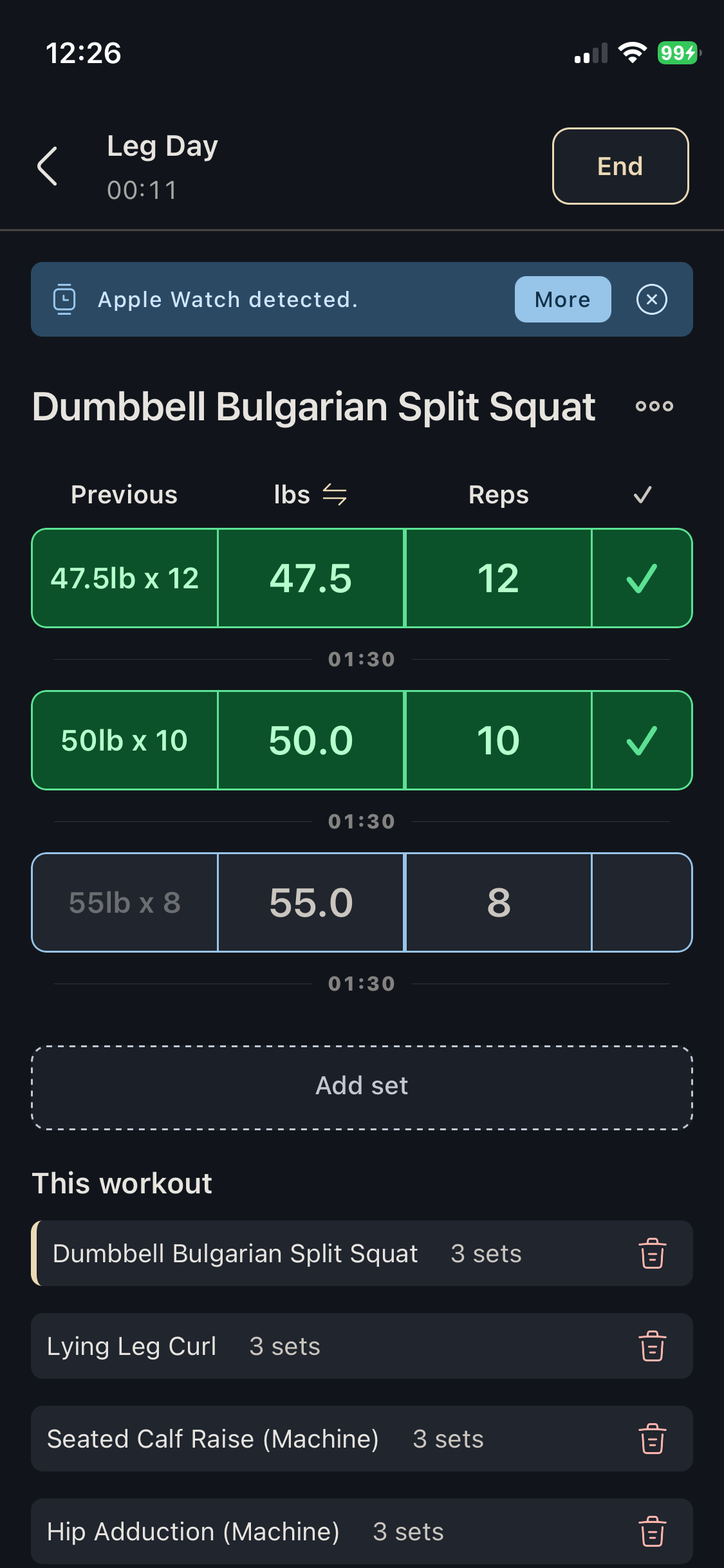 Xera workout logging screen