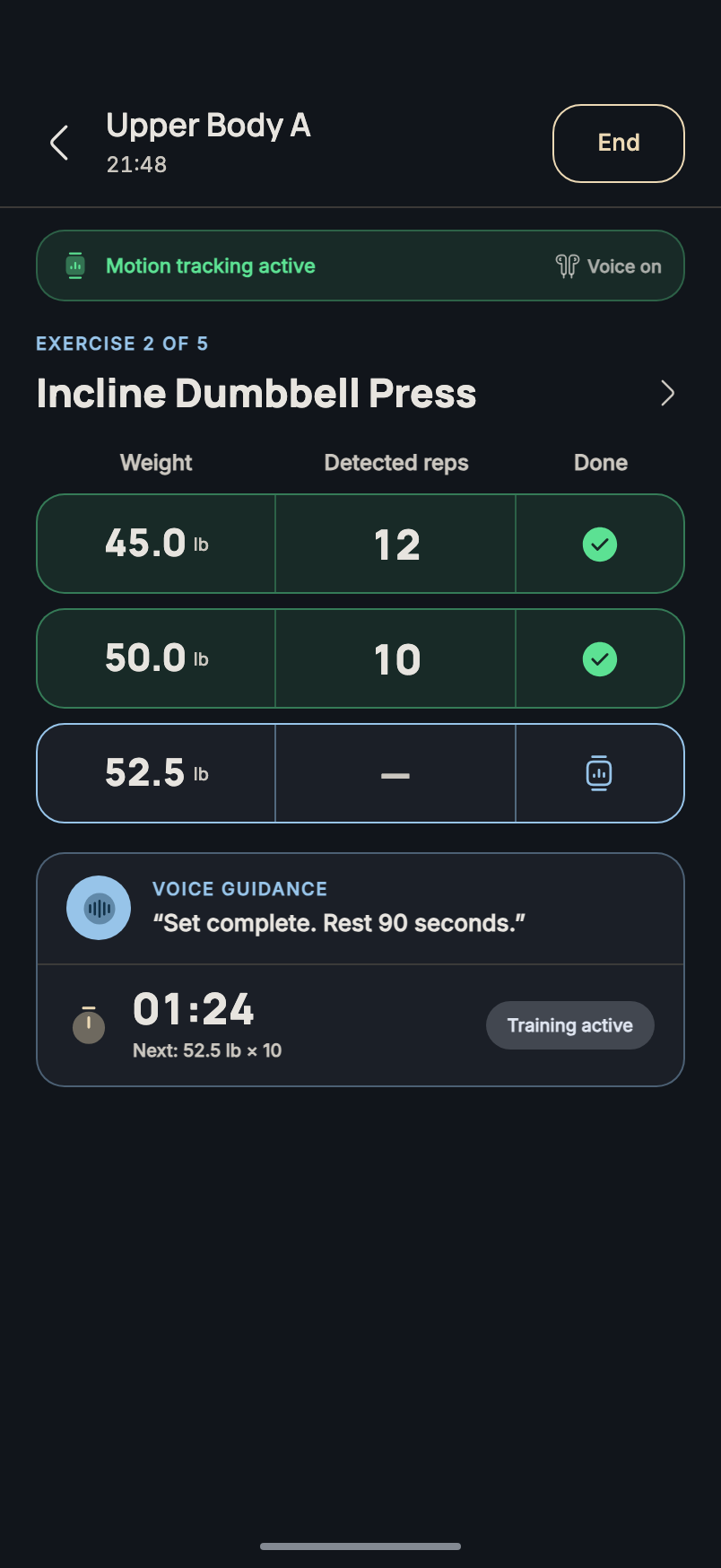 Xera automatic rep detection, rest timer, and next set guidance