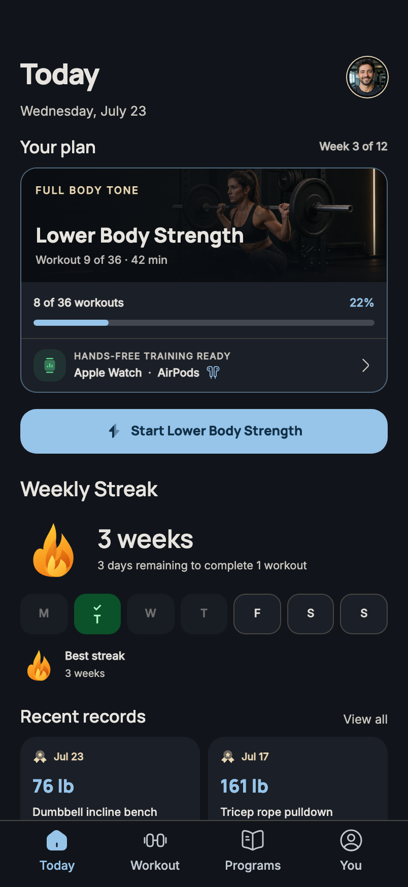 Xera Home showing workout plan progress, a three-week streak, and recent strength records