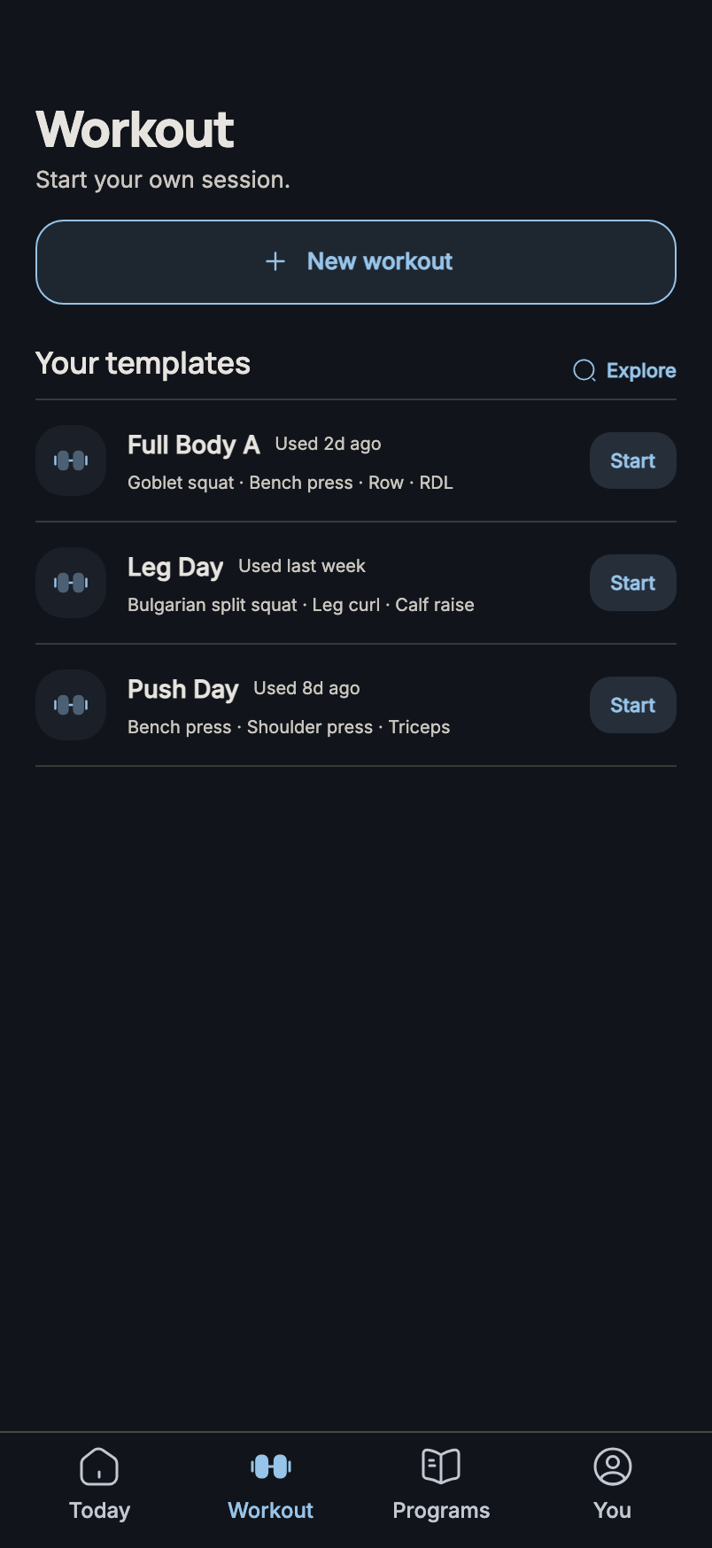 Xera blank workout and workout template options
