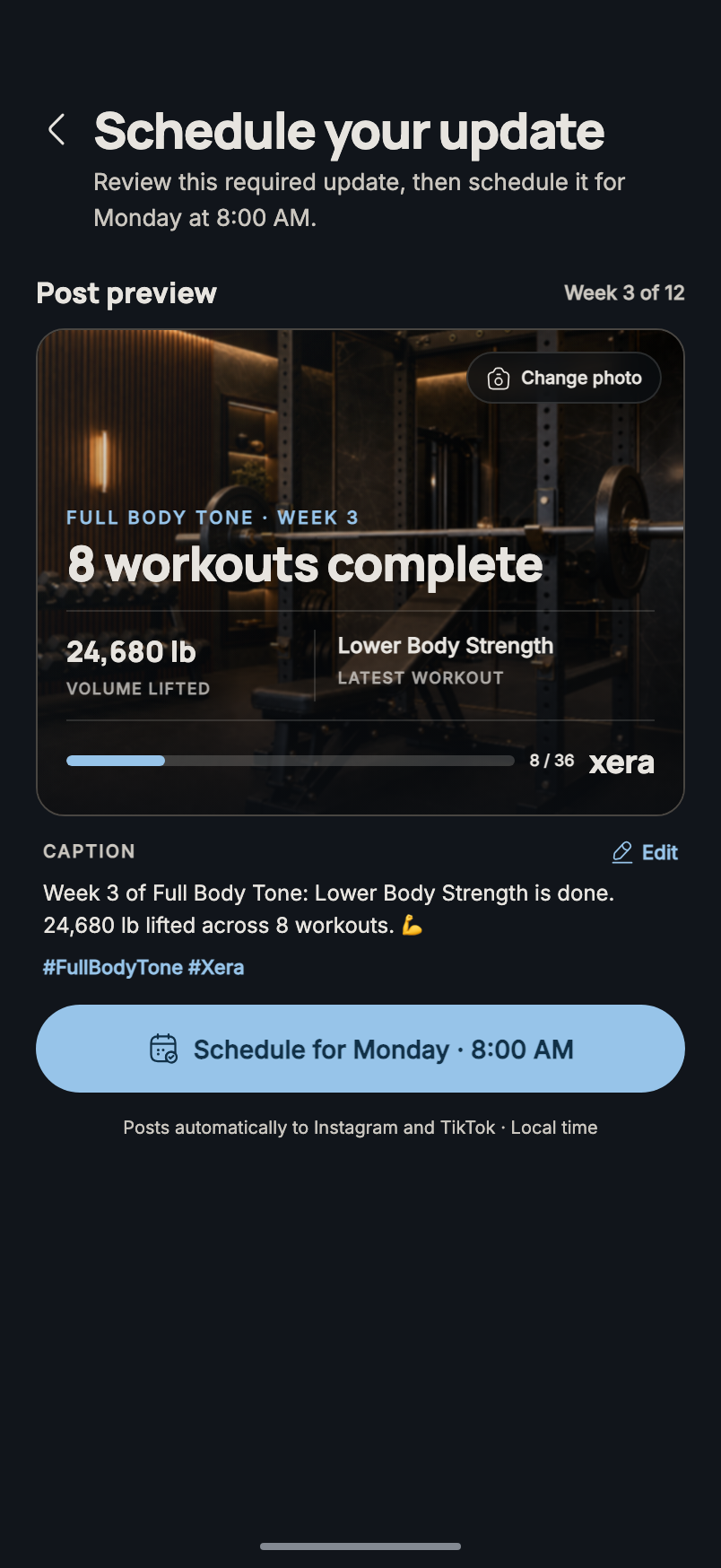Xera progress update ready to schedule for Monday at 8 AM