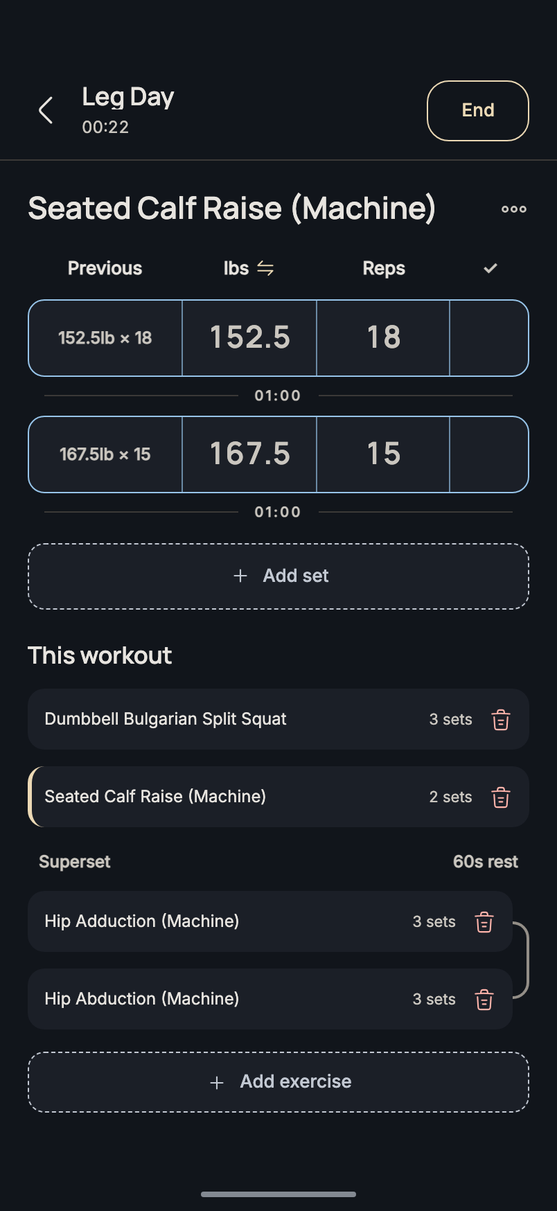 Xera active Leg Day workout tracking weights and reps