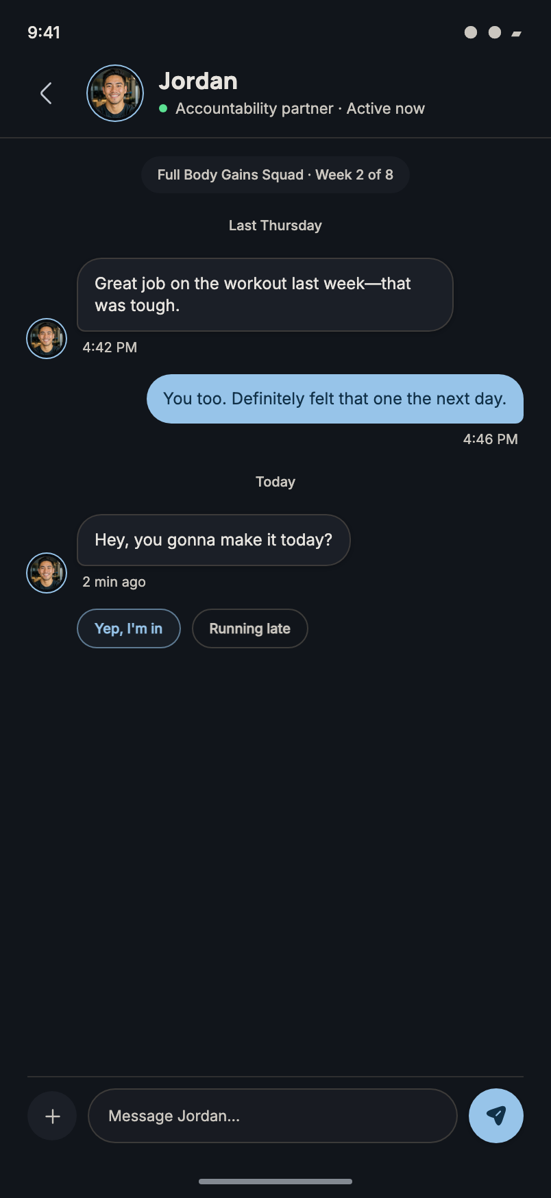 A personal Xera accountability chat between squad partners