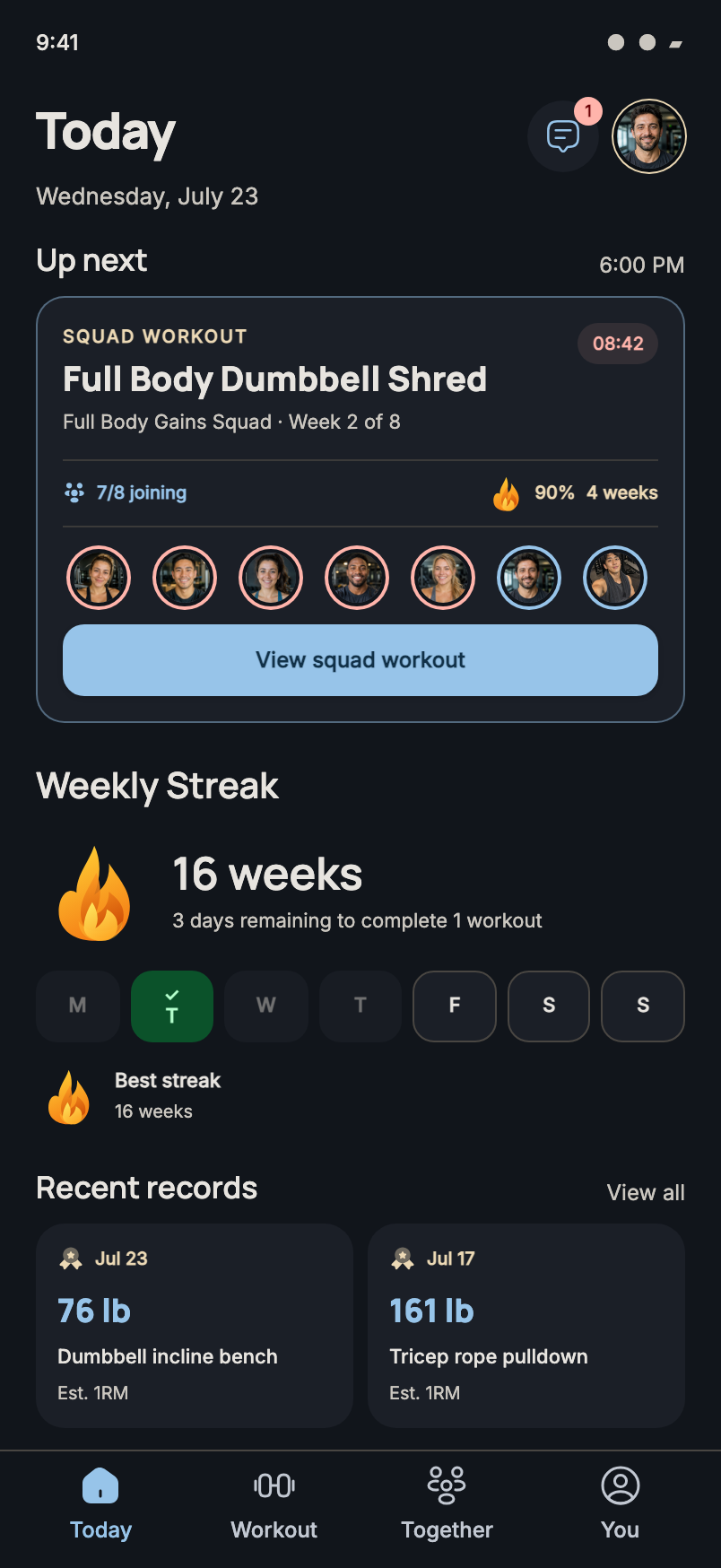 Xera Today screen showing the next squad workout and weekly streak