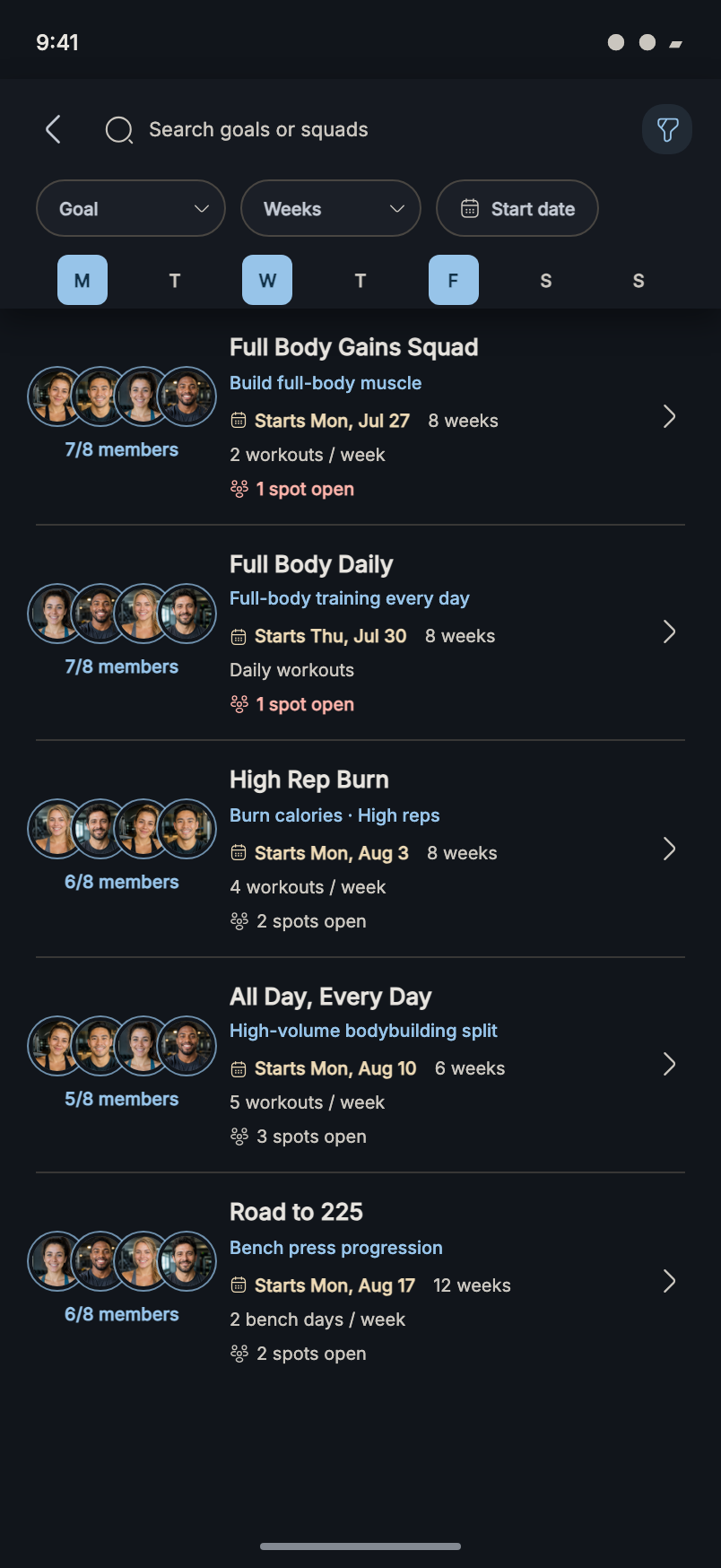 Xera squad search showing upcoming goal-focused strength squads
