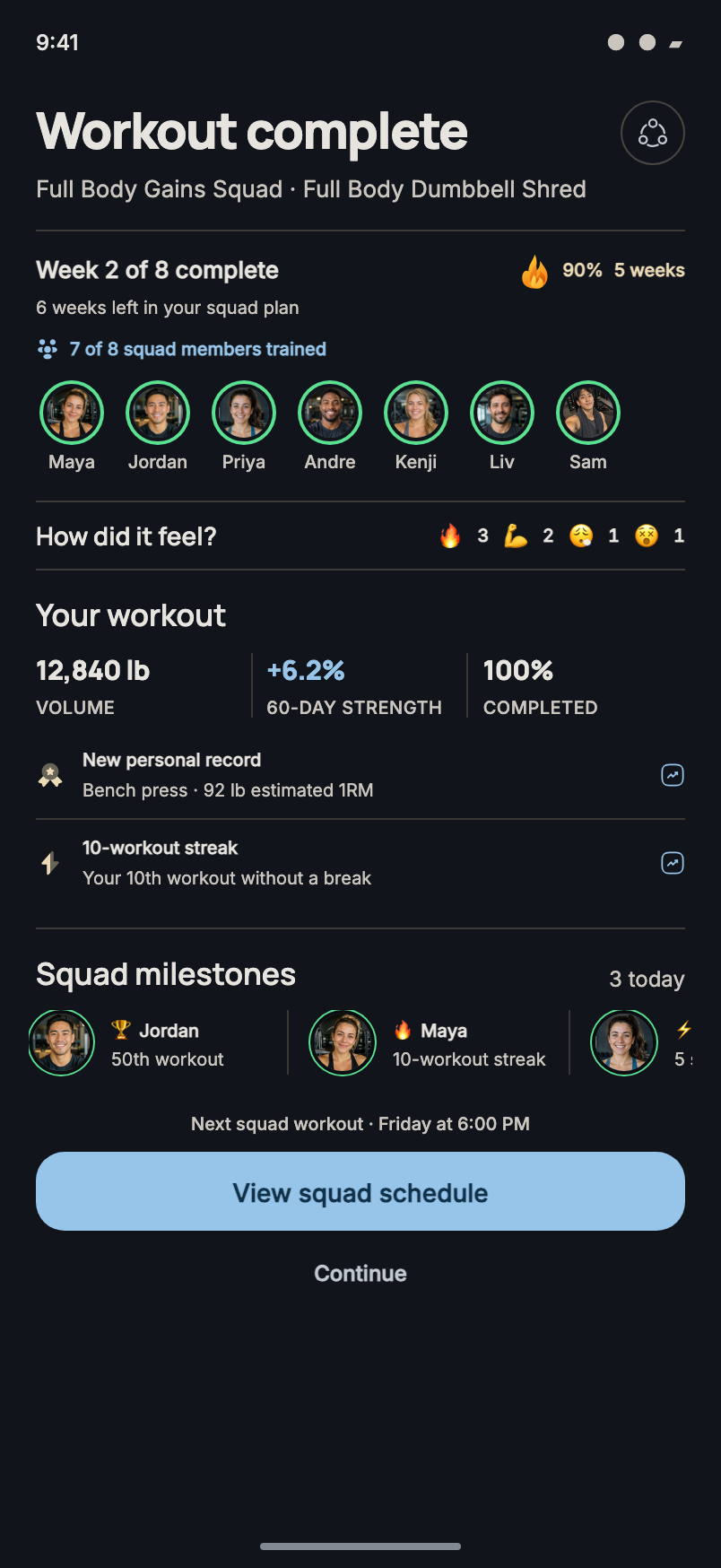 Xera squad completion screen showing shared streaks, milestones, and personal progress