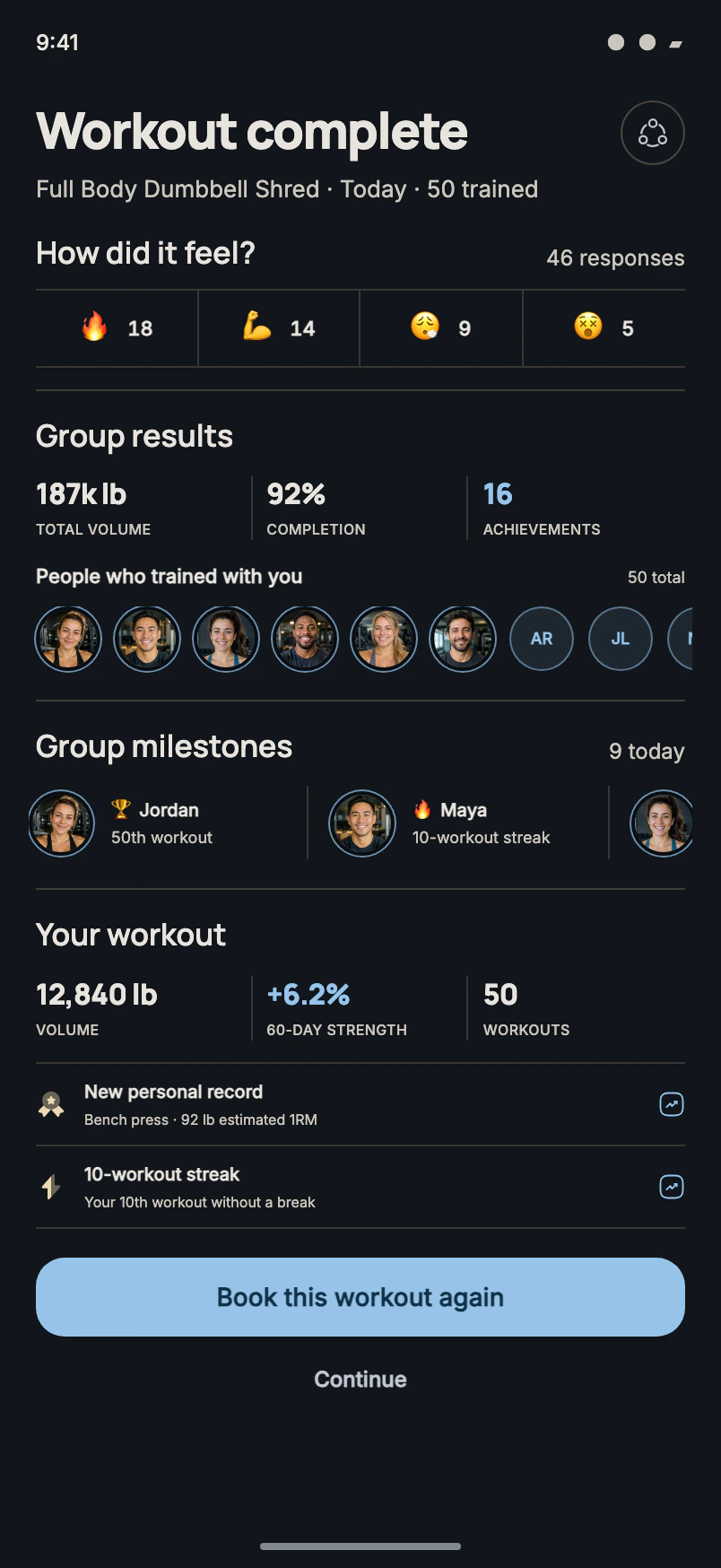 Xera Workout Room completion screen showing group and personal results